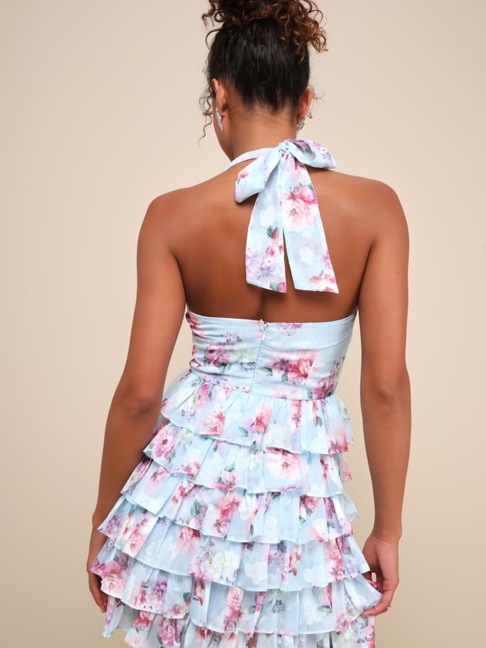NWT Lulus Trending Adorable Light Blue Floral Tiered Halter Mini Dress - Picture 2 of 7